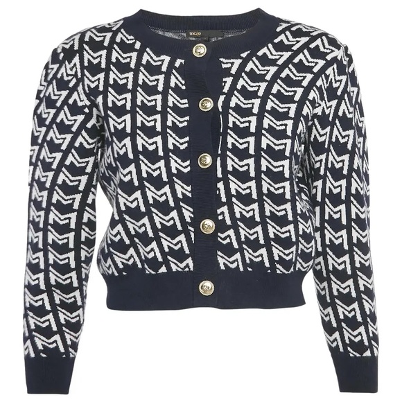 Maje Monogramed Navy Blue and White Patterned Sweater
